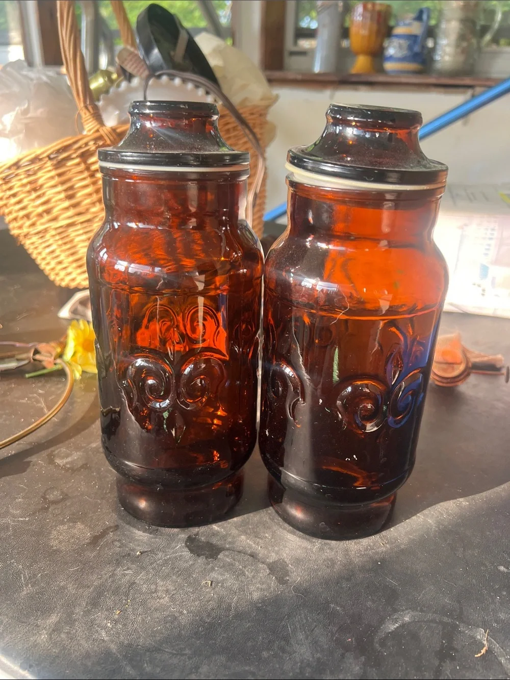 Vibtage Brown Glass cannisters Decorative Home Dining Pair